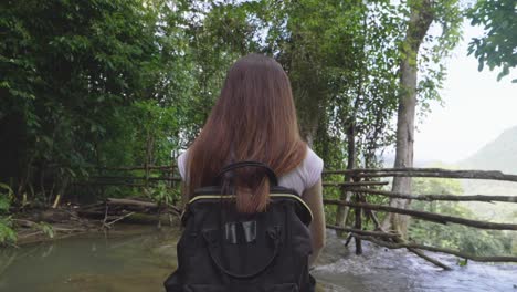 Woman Hiker Walking Cross The River, Slow Motion
