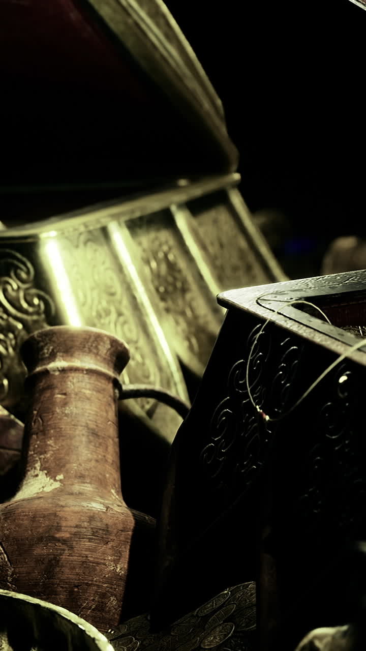 Intricate wooden chests overflow with shimmering gold coins