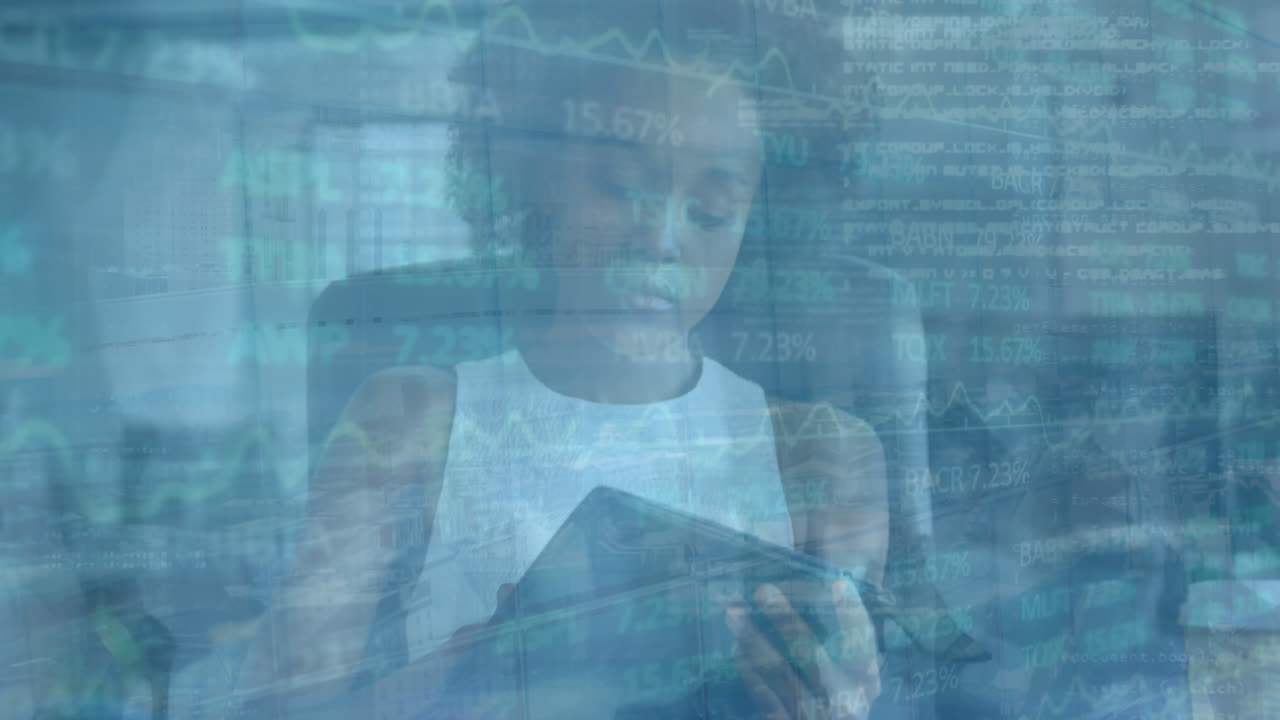 Animation of financial data processing over african american businessman using tablet