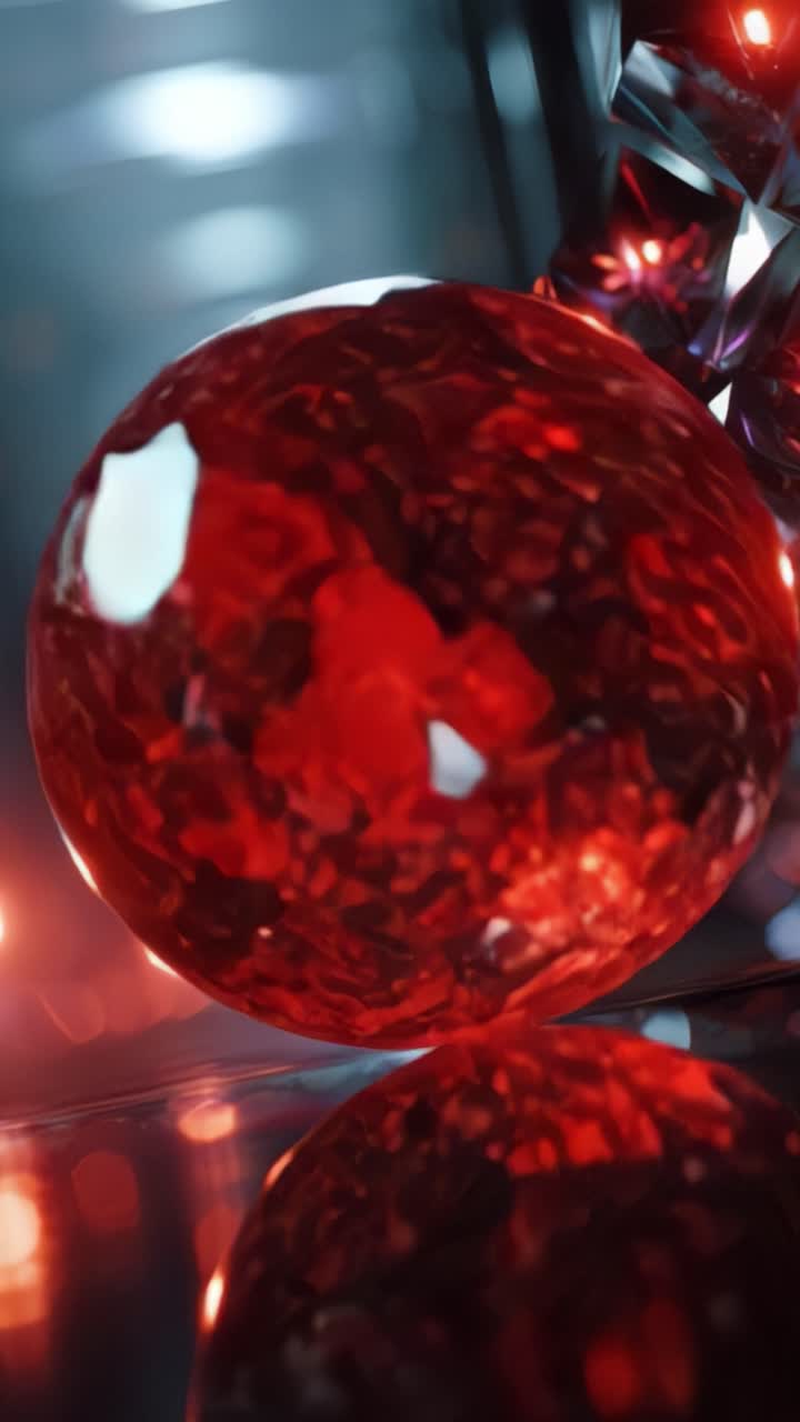 A Dramatic Showcase of Luminous Red Crystals and an Enigmatic Sphere Illuminated by Soft Reflective Light in a High-Contrast Environment