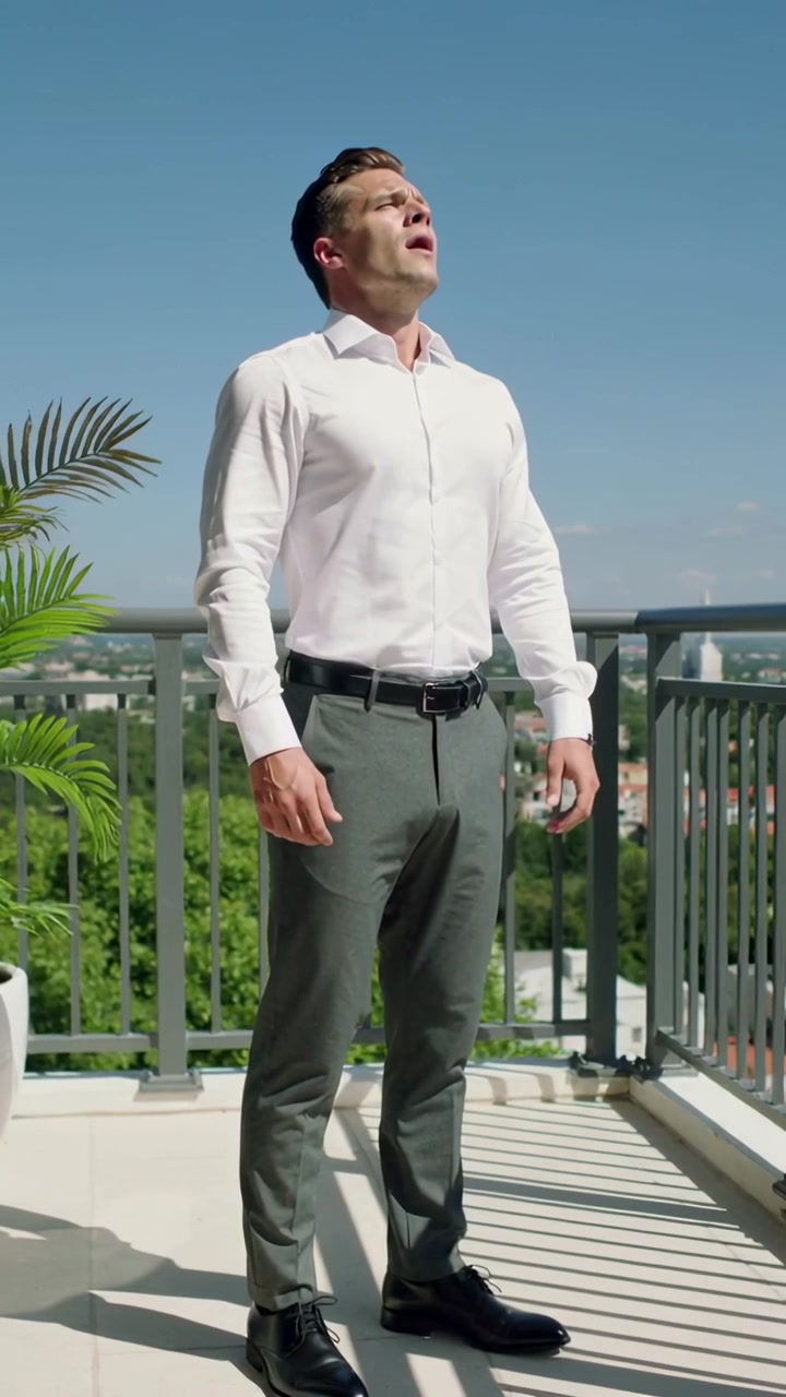 Video verticale: Uomo in camicia e pantaloni che cammina e si ferma sul tetto vicino a una ringhiera, guardando in alto e respirando.