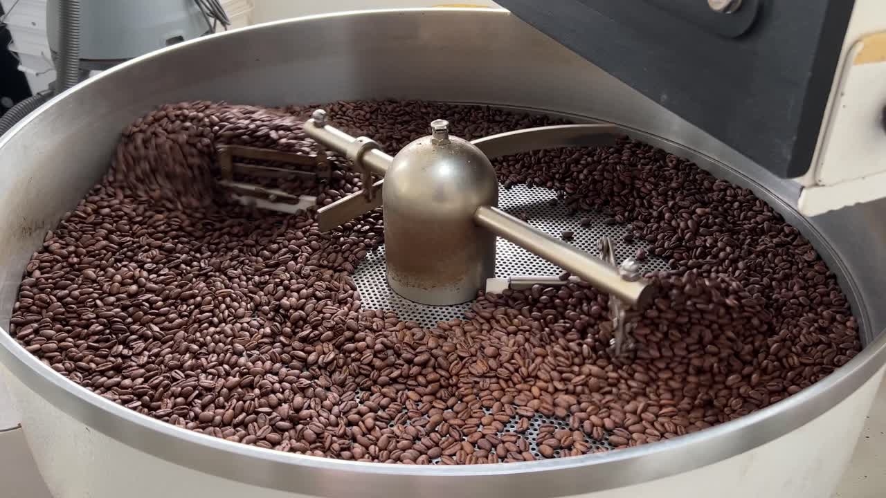 Specialty coffee beans spinning on cooling and mixing tray to reduce the heat evenly after roasting, production warehouse factory shot of food and beverage industry, close up shot