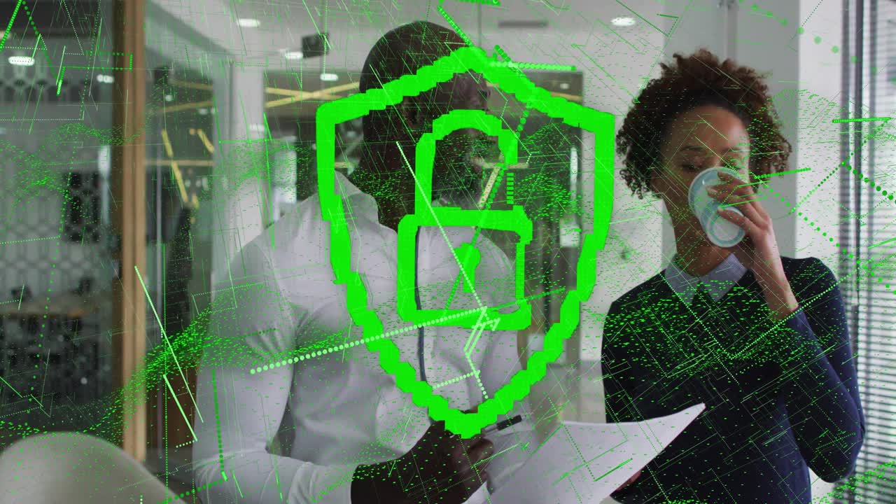 Manager reviewing documents with junior in glass room for security, green shield overlay appearing