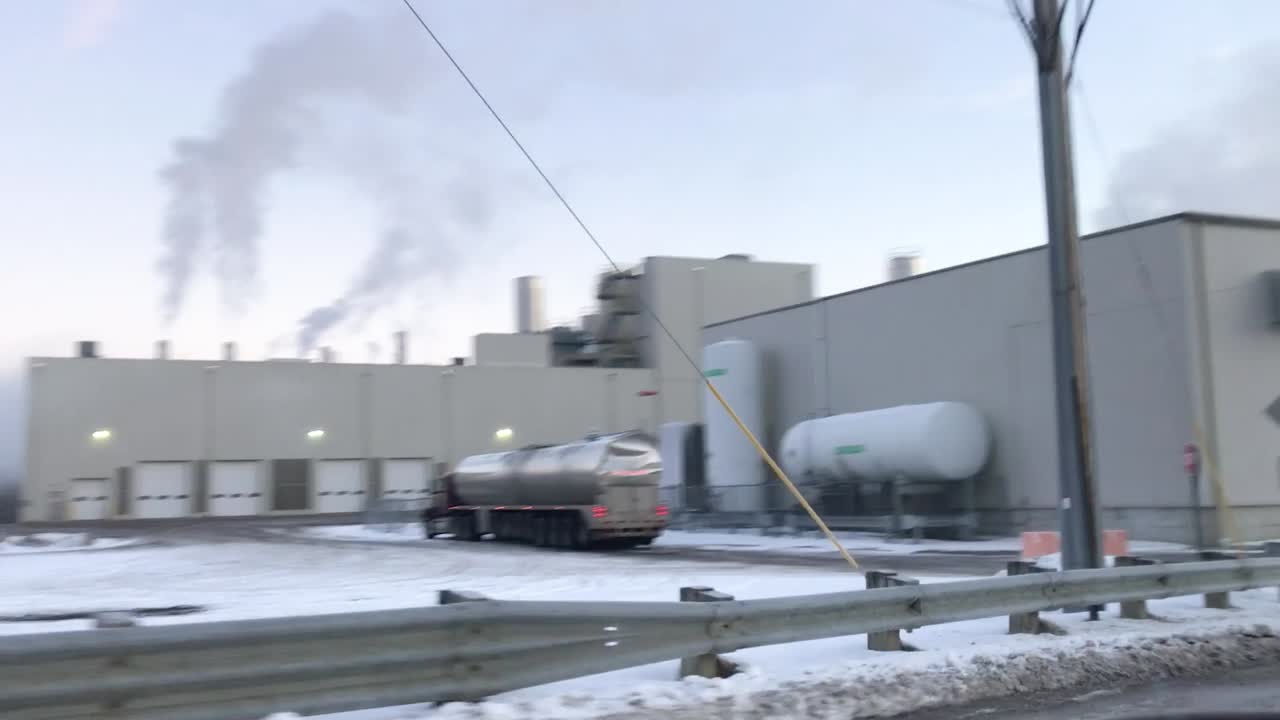 A panning shot of a milk plant in Ovid, Michigan.