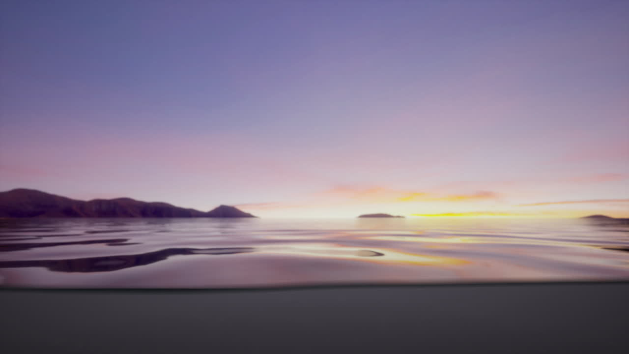 바다 위 의 해 가 지고 조용 한 파도 와 배경 에 있는 섬 들