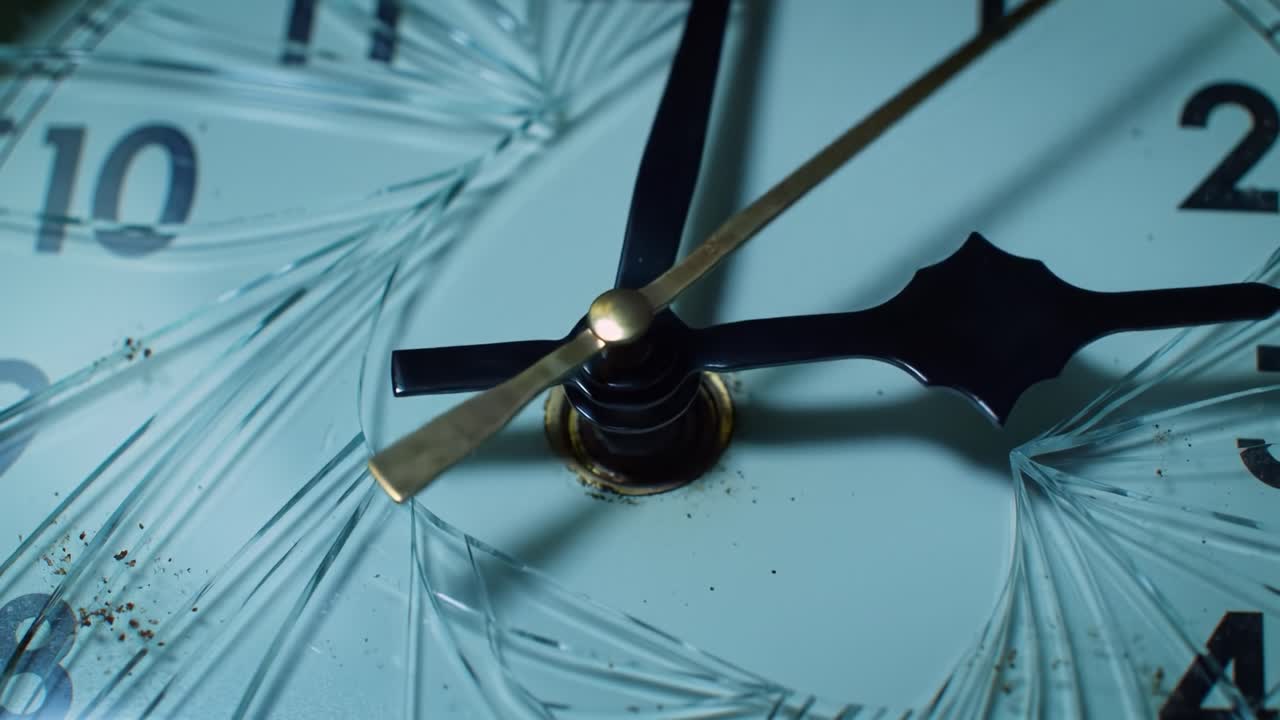 A close-up of a broken clock reveals cracks on the face and dirt accumulation near the center. The hands are frozen in place, highlighting an abandoned moment in time.