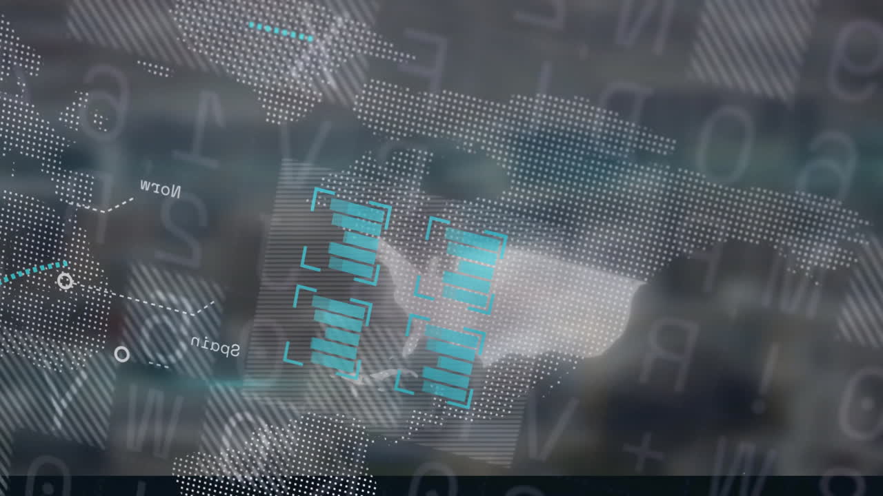 Digital world map with data processing and battery icons overlay animation