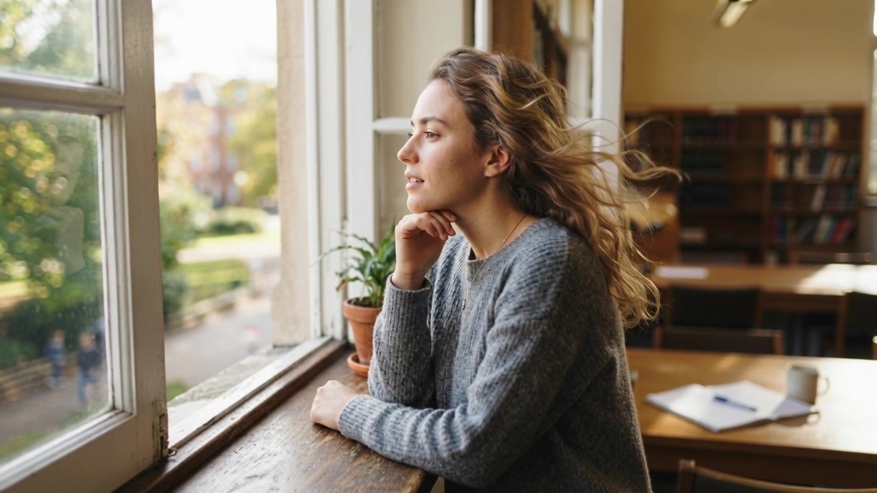 Gazing adult woman in grey knit sweater at window ledge, breeze lifting hair, contemplating path