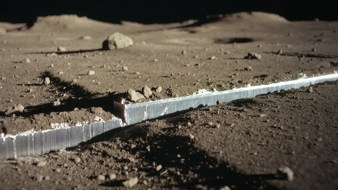 Starting camera pan revealing long metallic seam over dusty regolith, showing reflective cut face
