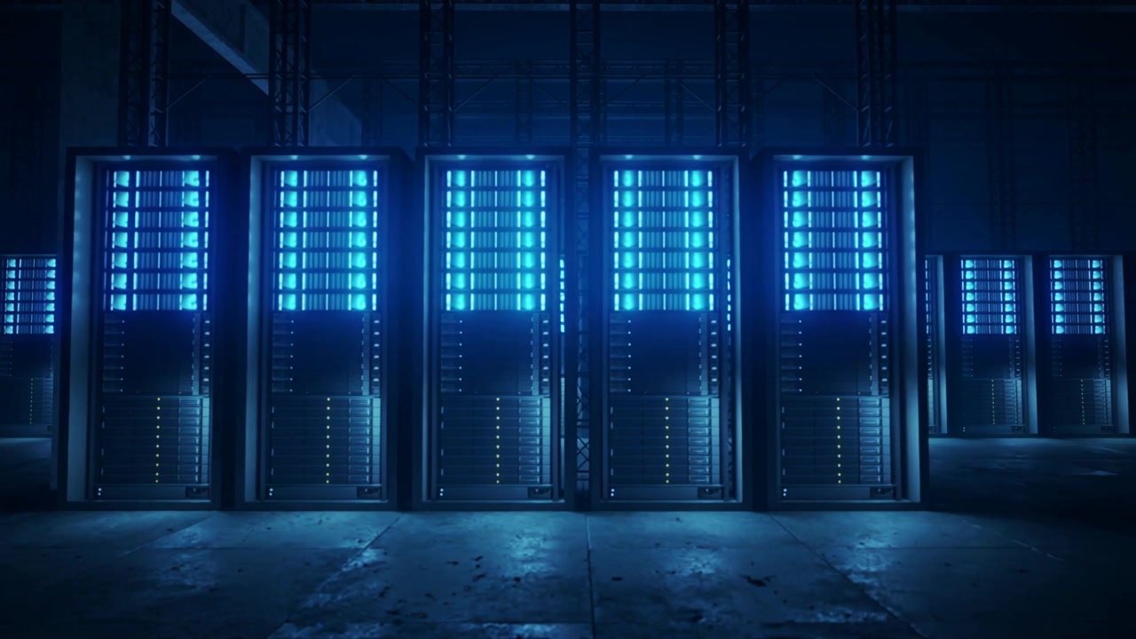 Moving camera shifting right in data center, revealing central server racks with pulsing blue LEDs