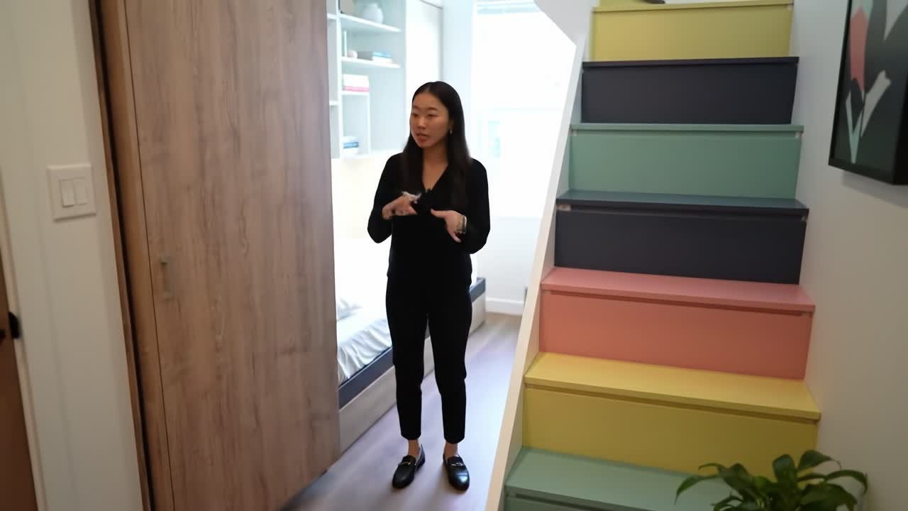 A Young Woman Interacting with Colorful Stairs in a Modern Living Space Showcased as She Explores Practical Interior Design Solutions