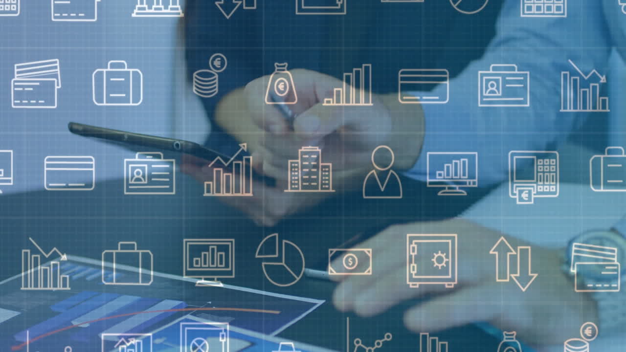 Using tablet with financial data and technology icons, business professional analyzing