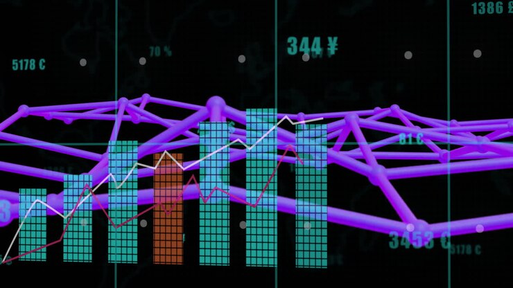 Financial data and stock market analysis animation over fluctuating graphs and charts