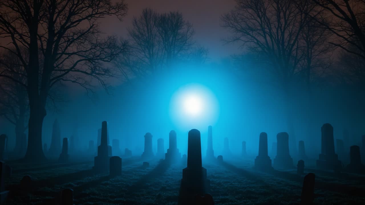 A Hauntingly Beautiful Night in a Foggy Cemetery Illuminated by an Enigmatic Blue Light, Emanating Mystery Amidst the Shadows of Tombstones and Trees