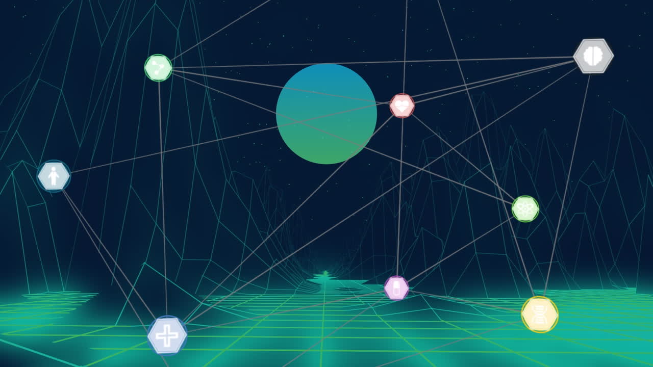 Animation of network of digital icons over 3d metaverse structures against blue background