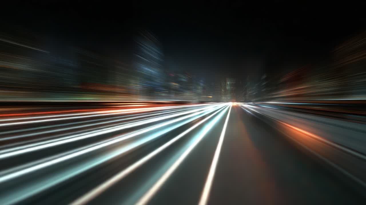 Dynamic Urban Light Trails: A Visual Journey Through the Vibrant Nightscape of a City, Capturing the Energy and Motion of Life in Motion with Blurred Speed Effect