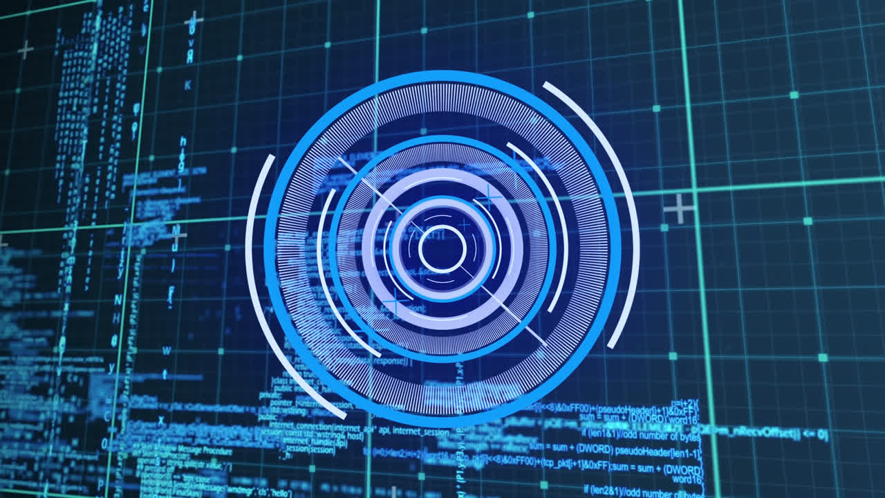 animación de línea en movimiento en círculos sobre el patrón de cuadrícula contra el lenguaje informático en el fondo