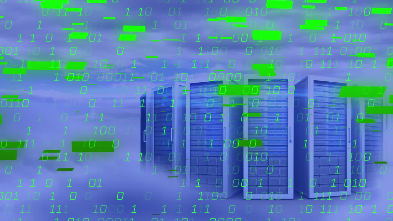 Animation of binary coding against computer servers in the sky