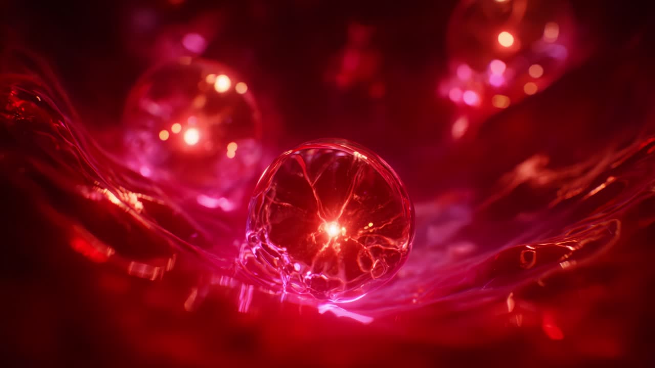 Illuminating Abstract Scene Featuring Ethereal Red Spheres Emitting Electric Energy, Captured in a Dynamic Flowing Liquid Environment
