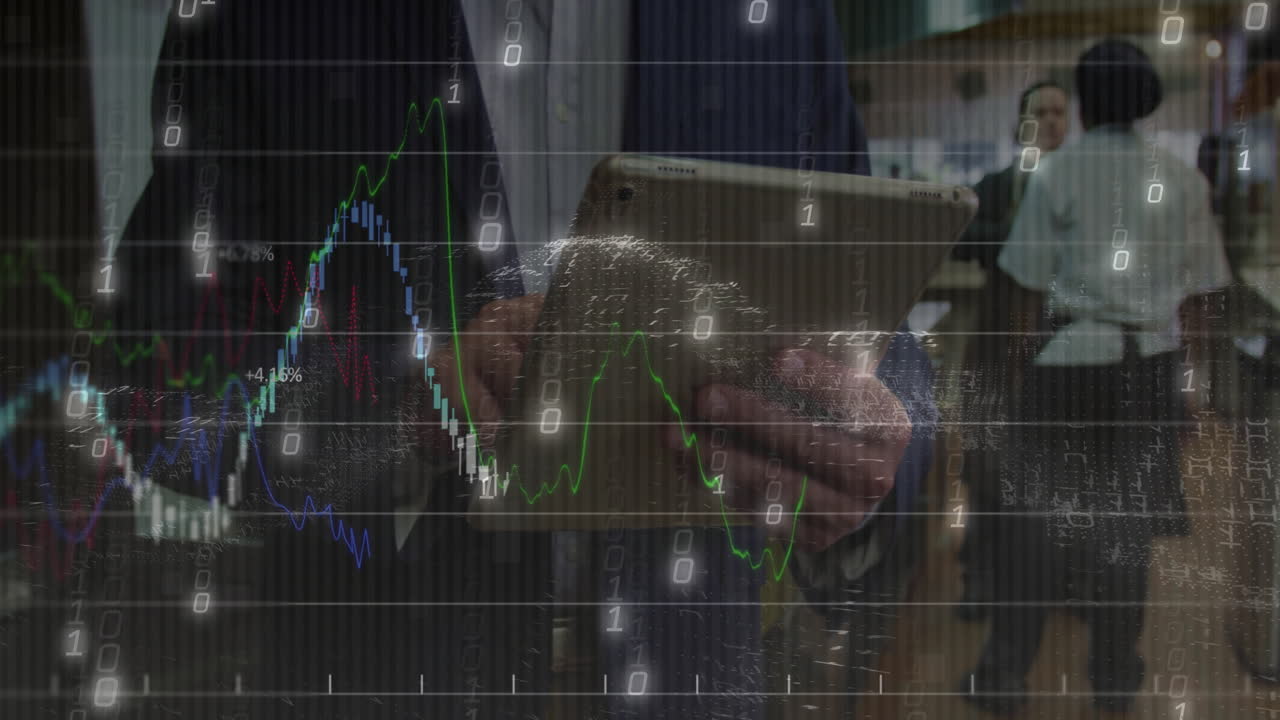Man tapping gold tablet in high-tech lab, binary code and market graphs floating
