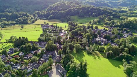 Cinematic-aerial-view-of-the-Lakeland-town-of-Grasmere