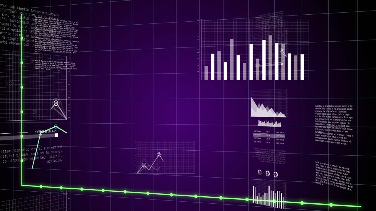 On load, data visualization animating line rising, charts icons evolving, receding for data cycle