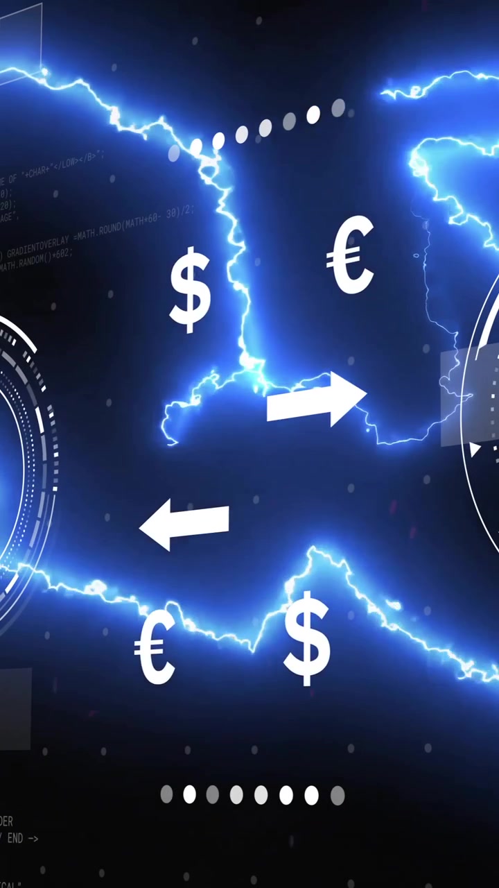 Simboli di euro e dollaro con energia elettrica e animazione di elaborazione dati