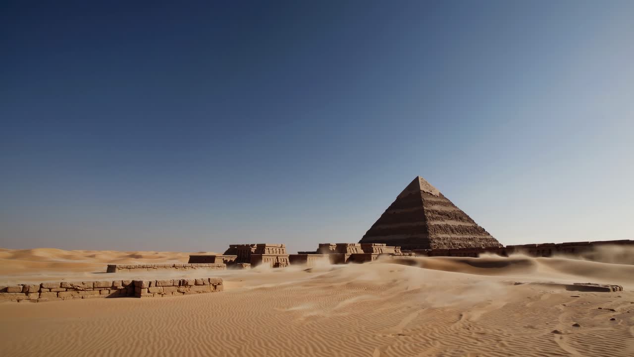 Wide-angle video shot of an ancient pyramid in a vast desert landscape, capturing the grandeur