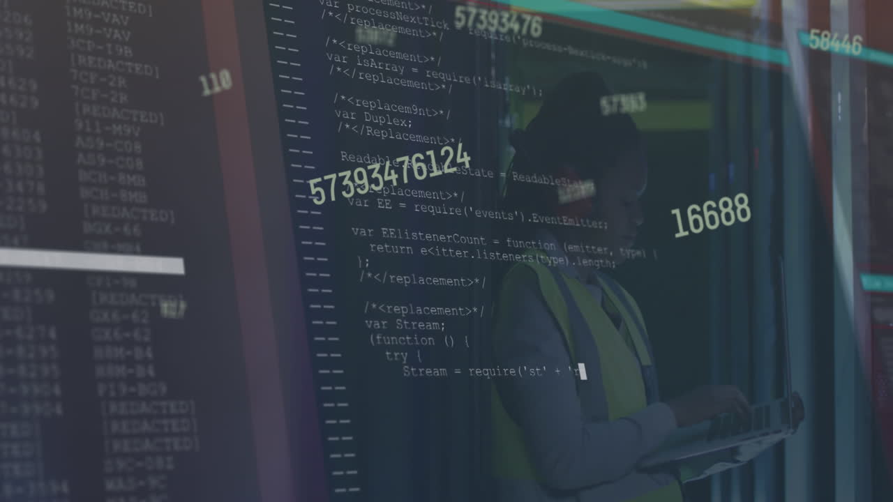 animación de procesamiento de datos sobre ingeniera afroamericana que trabaja en la sala de servidores