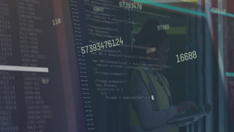 Animation of data processing over african american female engineer working at server room