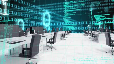 animación de codificación binaria y procesamiento de datos en una oficina vacía