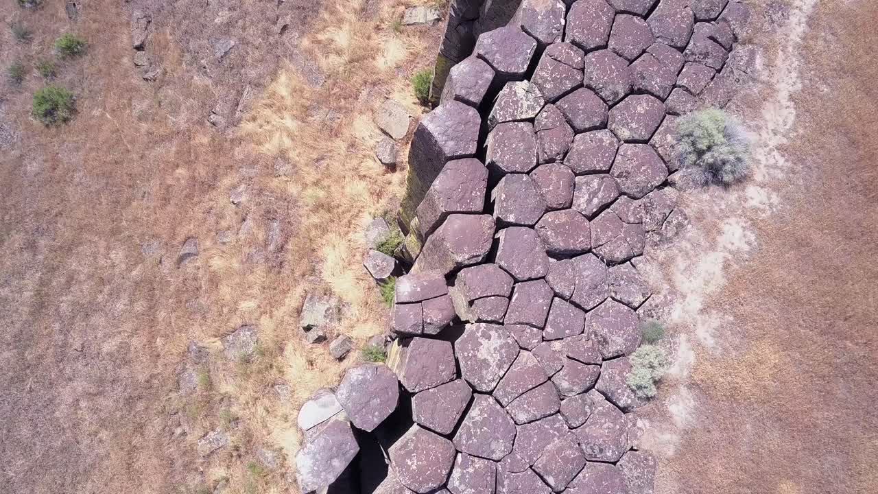 Bird's eye view of exposed basalt columns in arid central WA Scablands