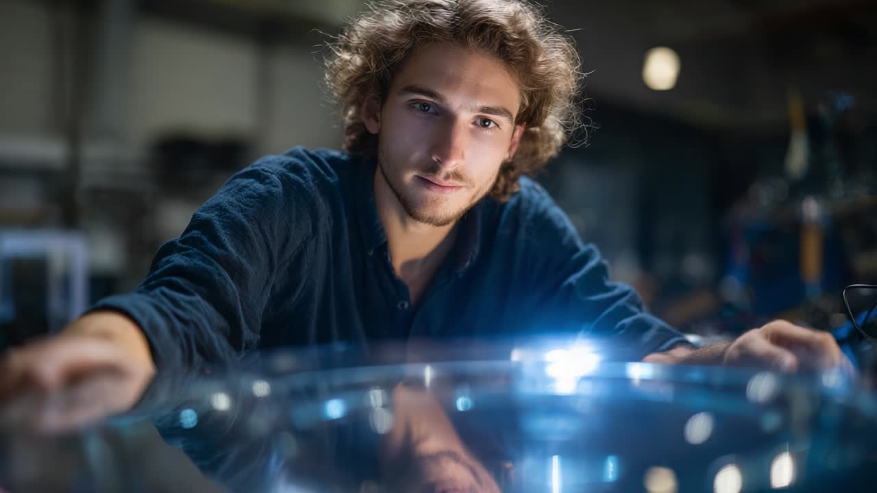 A young man with curly hair and an engaging expression examines a reflective surface while being illuminated by subtle studio lighting in a modern workshop environment