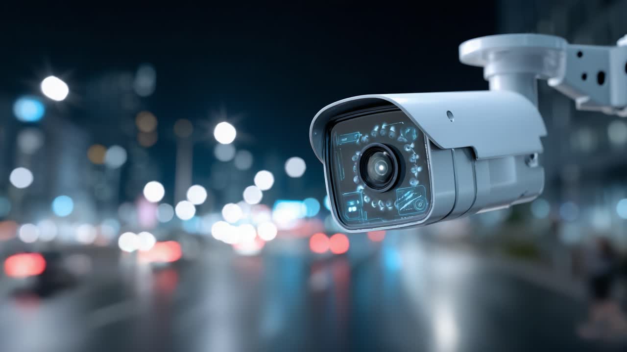 High-definition surveillance camera monitoring an urban environment, capturing essential footage with advanced technology, ensuring safety and security in motion