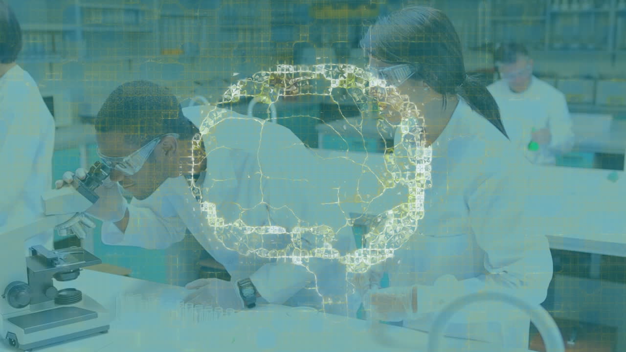 현미경으로 다양한 실험실 직원들의 뇌를 회전시키는 애니메이션