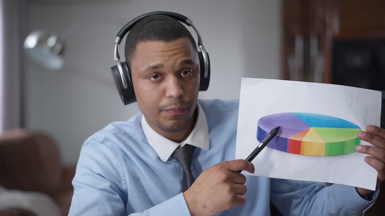 analista profesional afroamericano en auriculares apuntando a diagrama redondo hablando. video chat pov de confiado joven concentrado explicando idea de negocio en conferencia virtual en la oficina en casa.