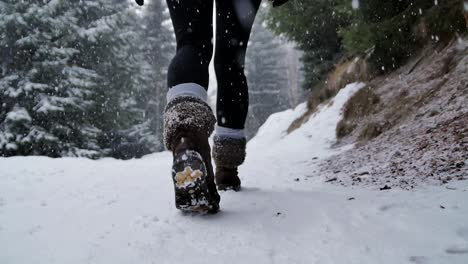 slow motion of woman's boots walking threw a snow forest, very visible snow falling demonstrated the a very beautiful low angle shot