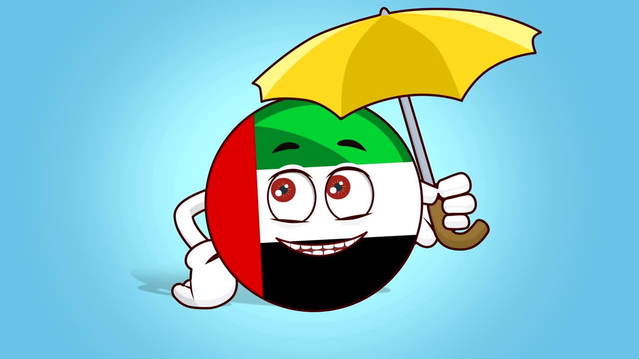 icono de dibujos animados bandera de los emiratos árabes unidos cara animación bajo el paraguas con alfa mate