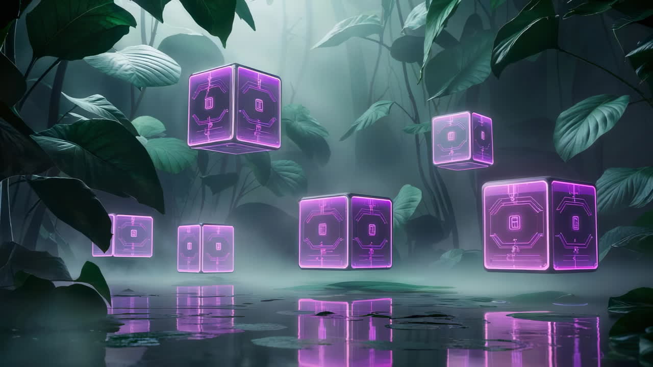 Glowing Purple Cubes in a Misty Jungle