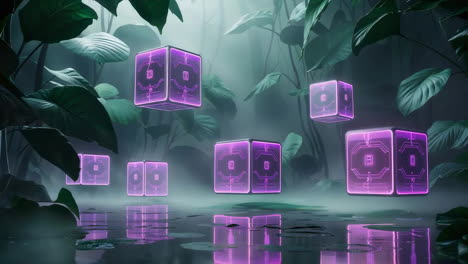glowing purple cubes in a misty jungle