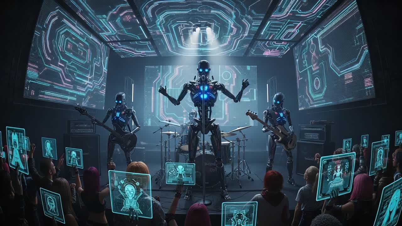 Futuristic Robot Band Performance with Digital Audience: A High-Tech Musical Experience Featuring Cybernetic Musicians and Virtual Interaction in a Neon-Lit Environment