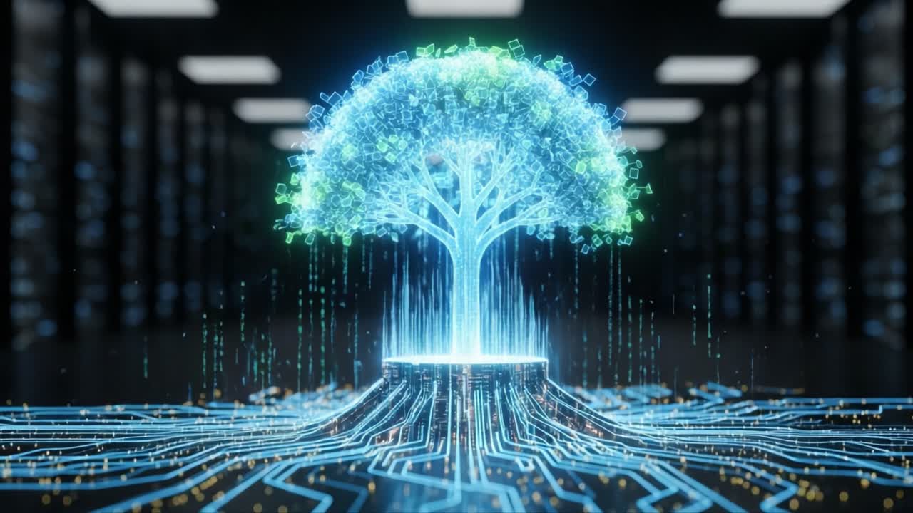 A Stunning Visual of a Futuristic Digital Tree Emerges from a Circuit Board Base, Representing the Intersection of Nature and Technology in a High-Tech Environment