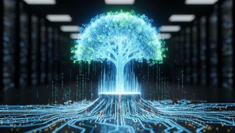 a stunning visual of a futuristic digital tree emerges from a circuit board base, representing the intersection of nature and technology in a high-tech environment