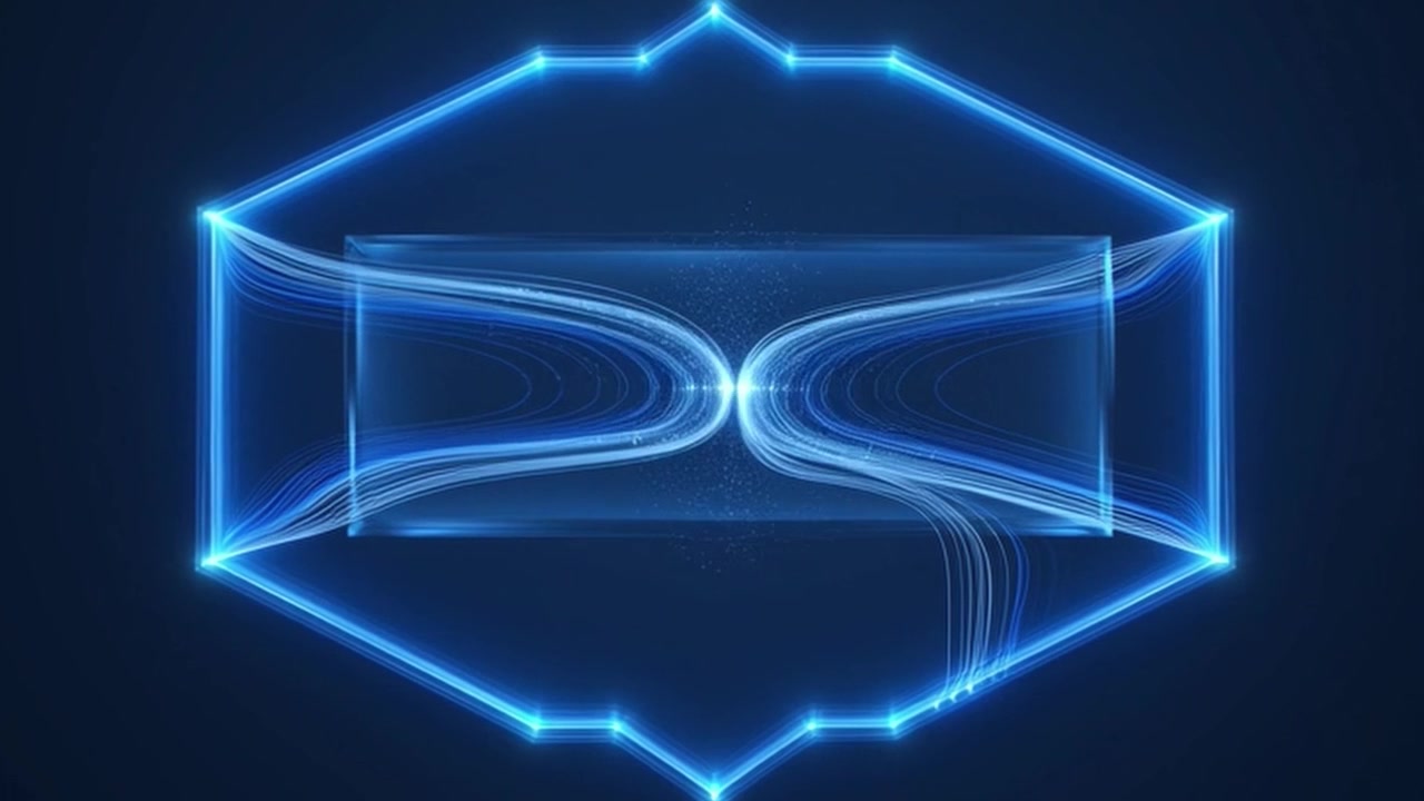 Abstract Blue Glowing Geometric Frame with Particle Flow Animation