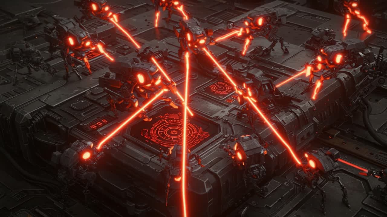 A Battlefield of Advanced Robotics: A Dark, Futuristic Scene Featuring Mechanized Units Engaged in High-Intensity Operations on a Complex Terrain