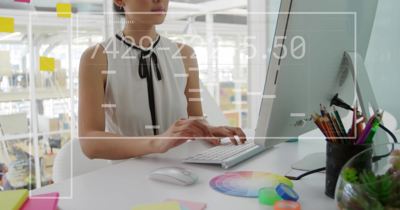 Animation of financial data processing over businesswoman