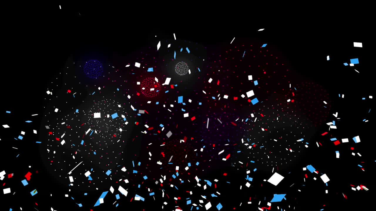 Animation of confetti over shapes and fireworks on black backrgound