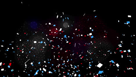 animation of confetti over shapes and fireworks on black backrgound
