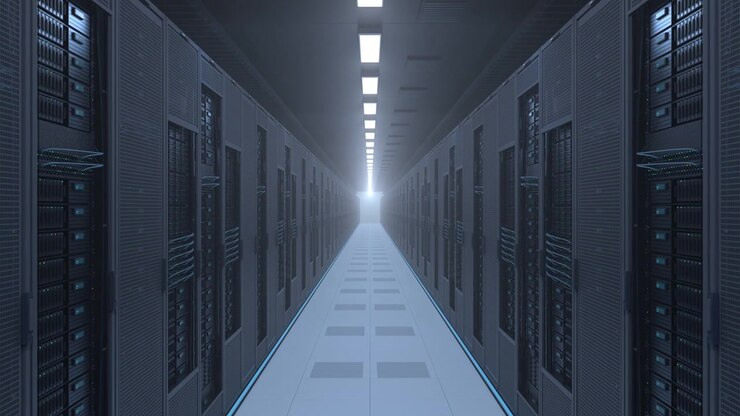 Data center corridor with server racks in a 3D loop animation