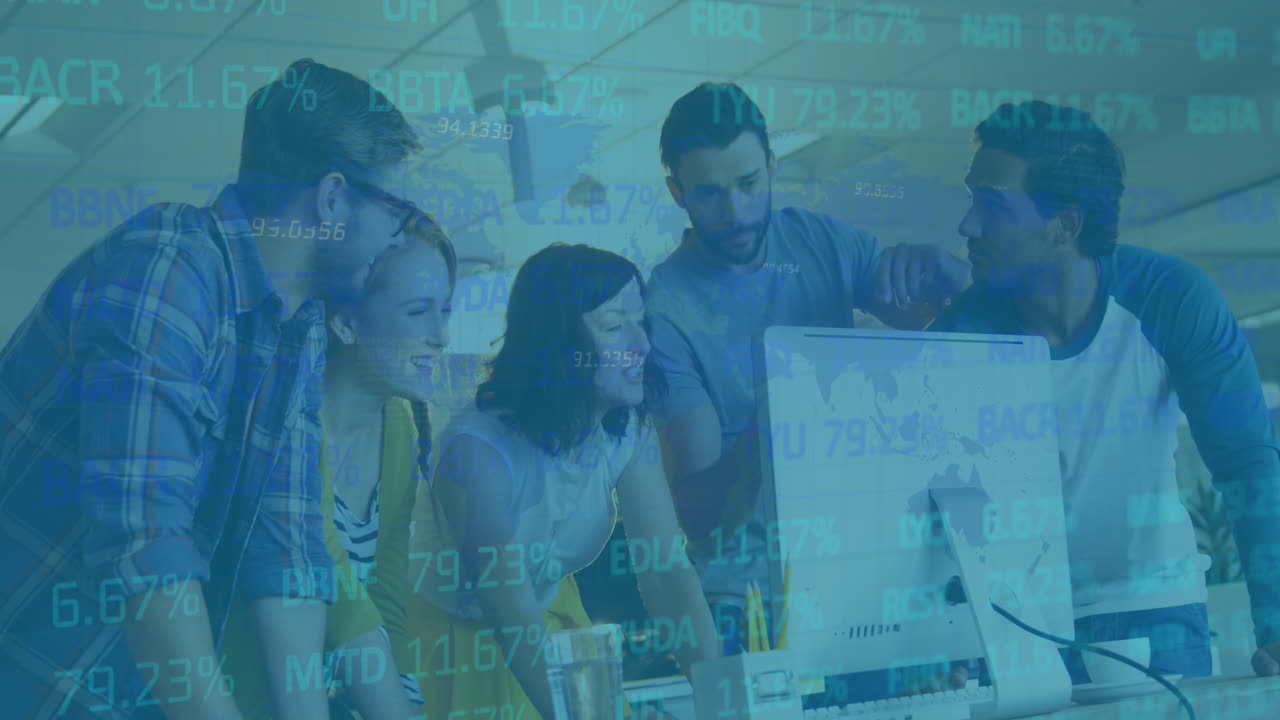 Animation of financial data processing over office colleagues brainstorming using computer